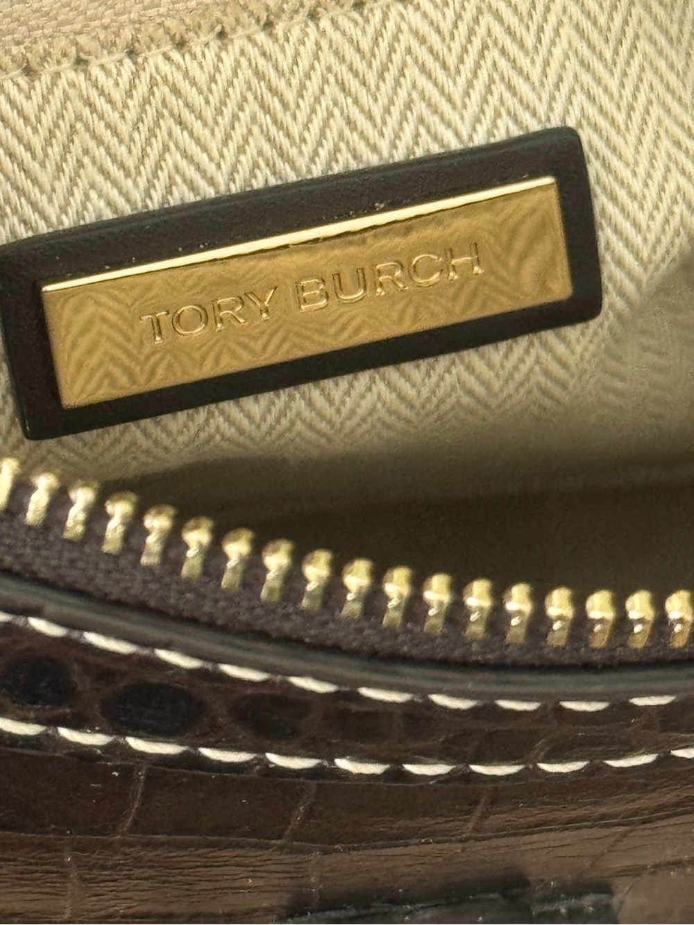 Tory Burch Dark Mahogany Thea Crocodile Embossed Web Small Satchel - Picture 8 of 12